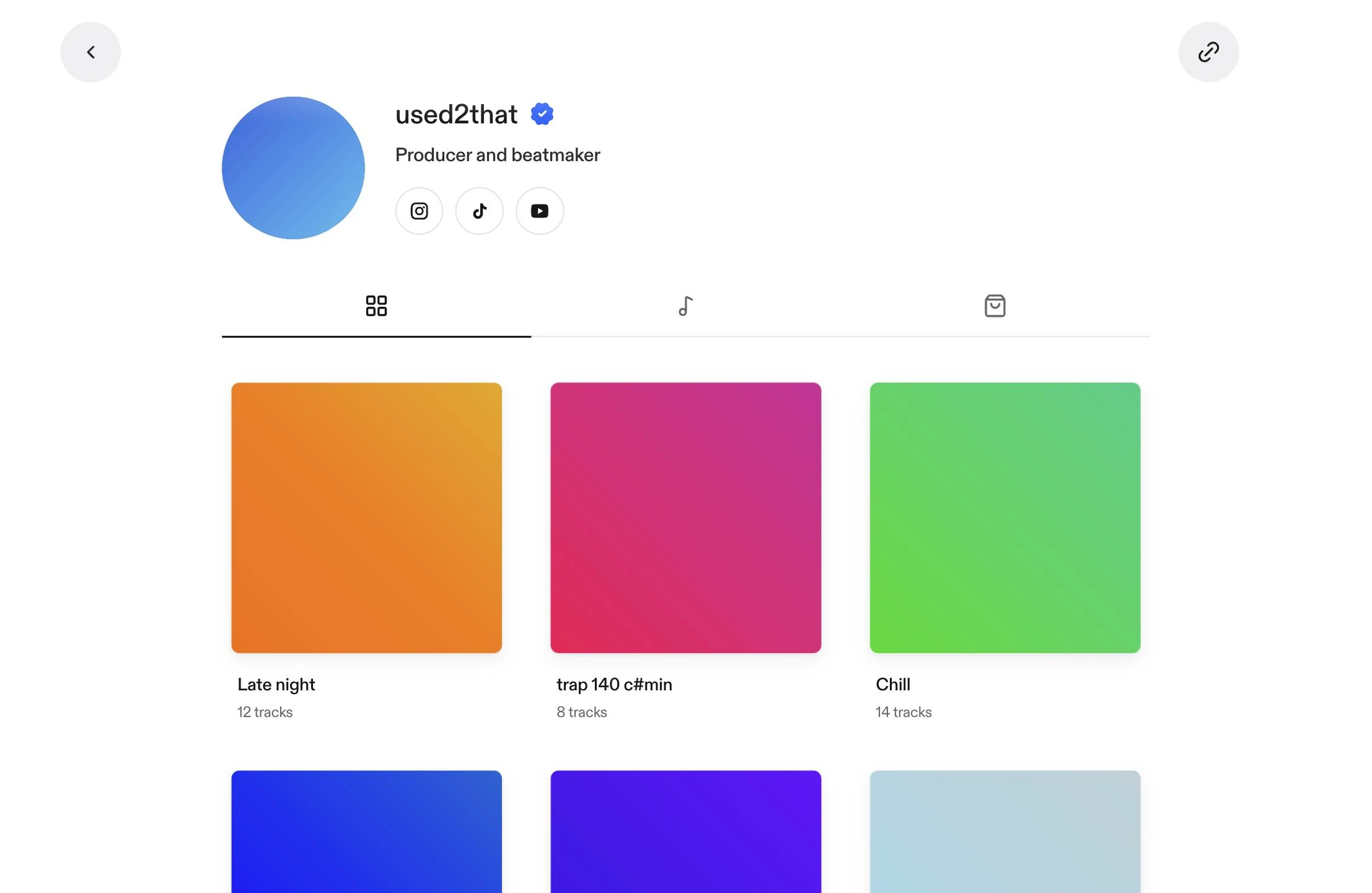 A producer's vvault page: picture, verified check, social links and a grid of packs