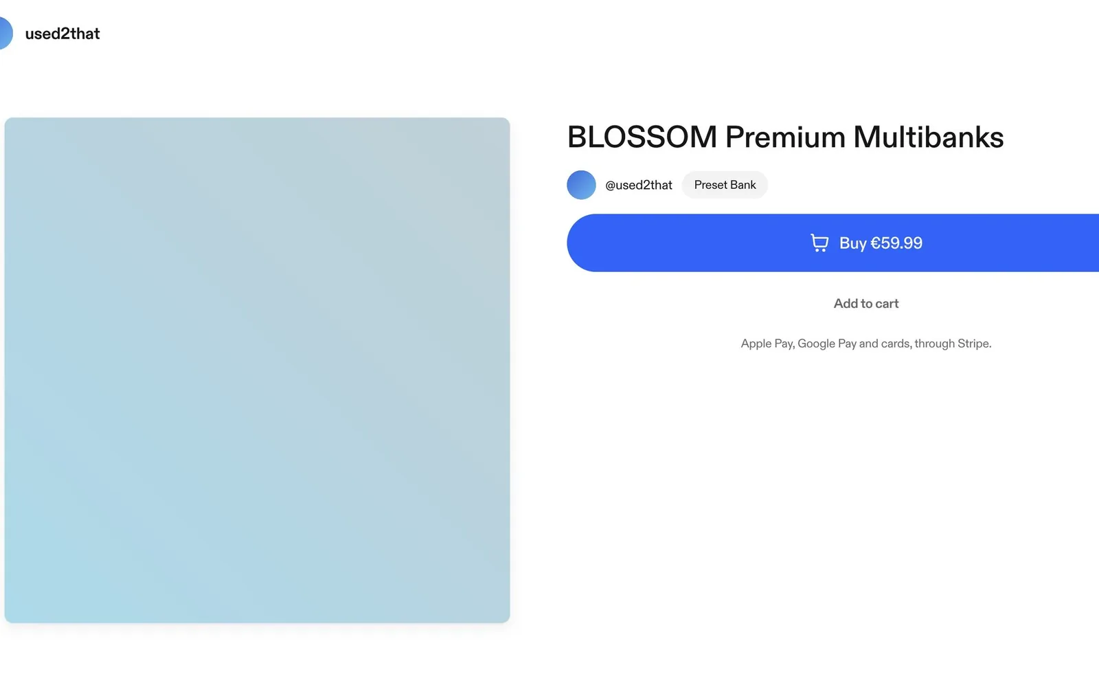 A vvault sale page for a preset bank: its cover, its title, the producer's handle, a Buy button with the price, Add to cart, and a line saying payment goes through Stripe.