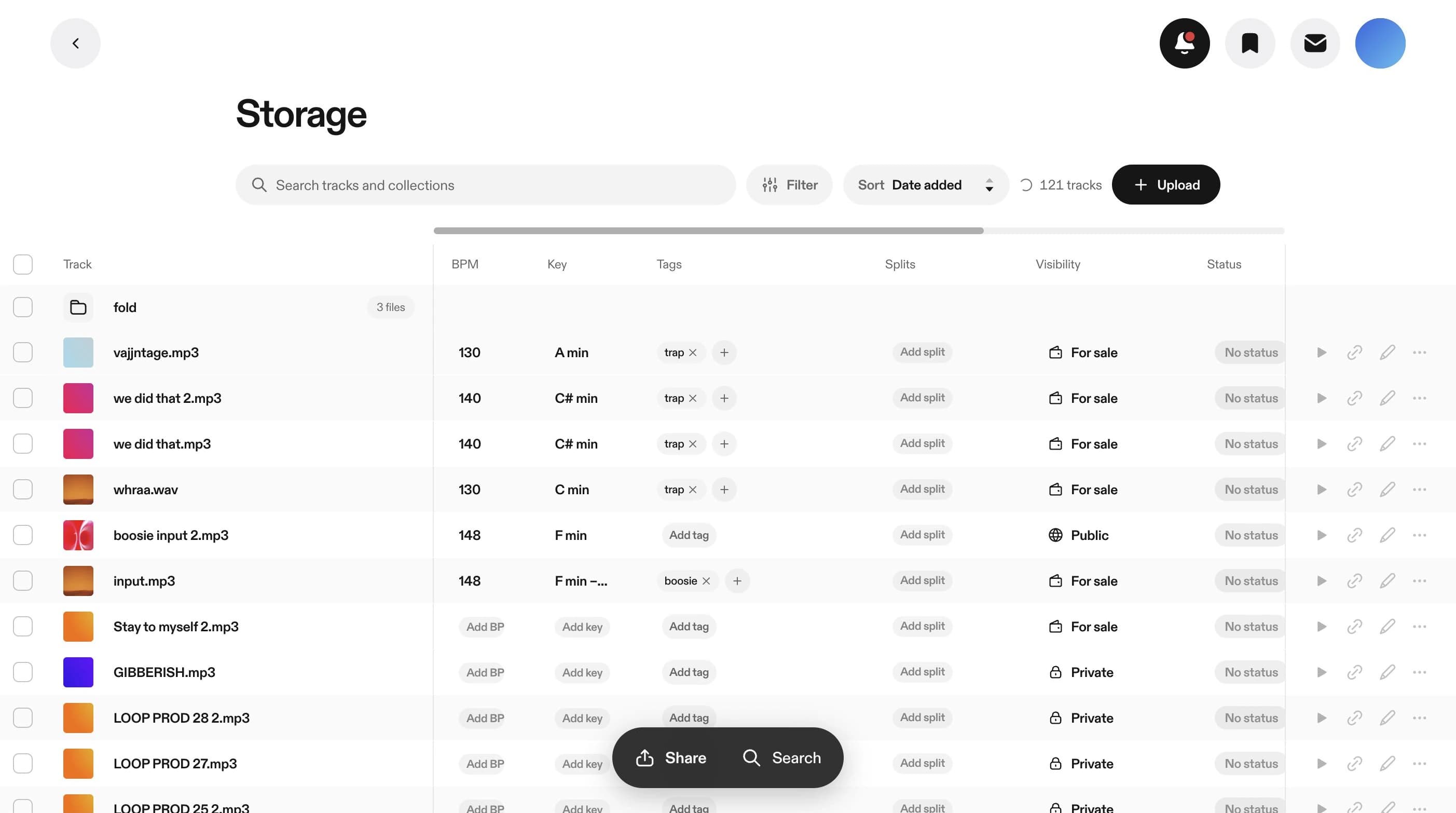 vvault's storage page: every track with its BPM, key, tags, splits and who can see it