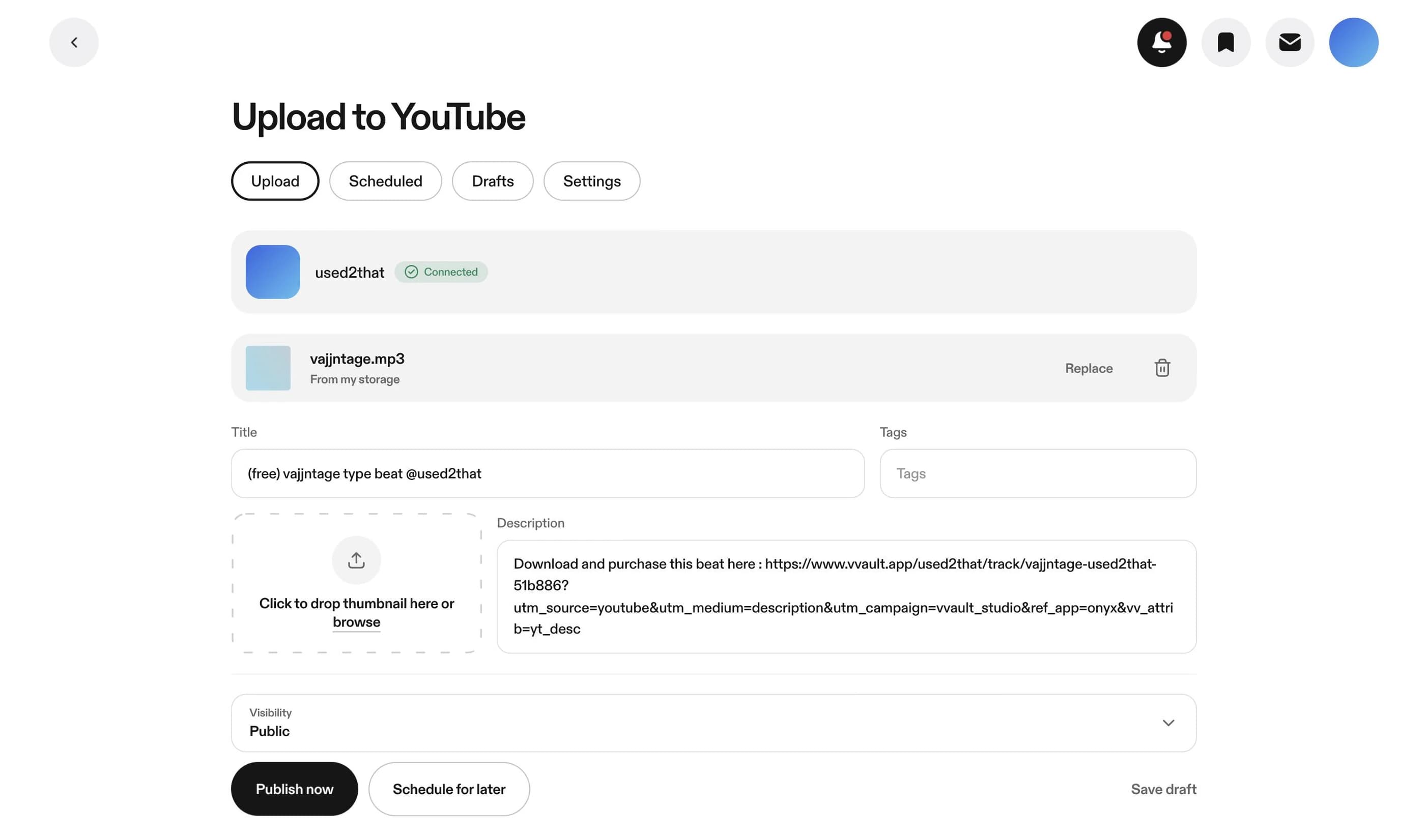 vvault's Upload to YouTube screen: the connected channel, the beat, its title, tags, description and a Publish now button